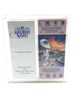 1992 Super Bowl XXVI Ticket Gate 1 Section 192 Row 1 Seat 26 Acrylic Case Unused